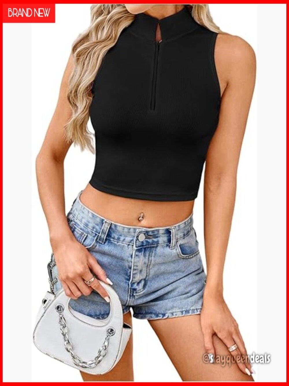 Slim Fit Half Zip Crop Tank Top, Sleeveless Ribbed Summer Shirt
